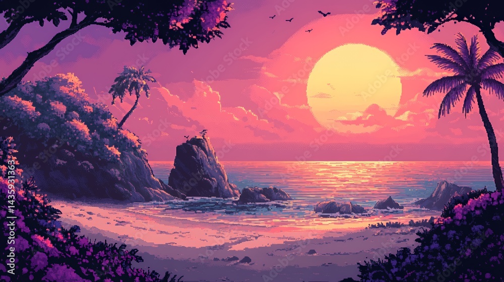 A vibrant beach sunset with palm trees and rocky outcrops under a purple sky.