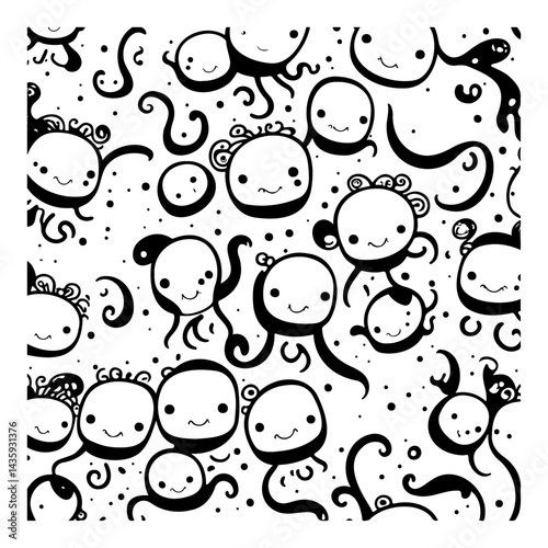 Delightful doodle pattern featuring whimsical creatures in monochrome, a charming illustration