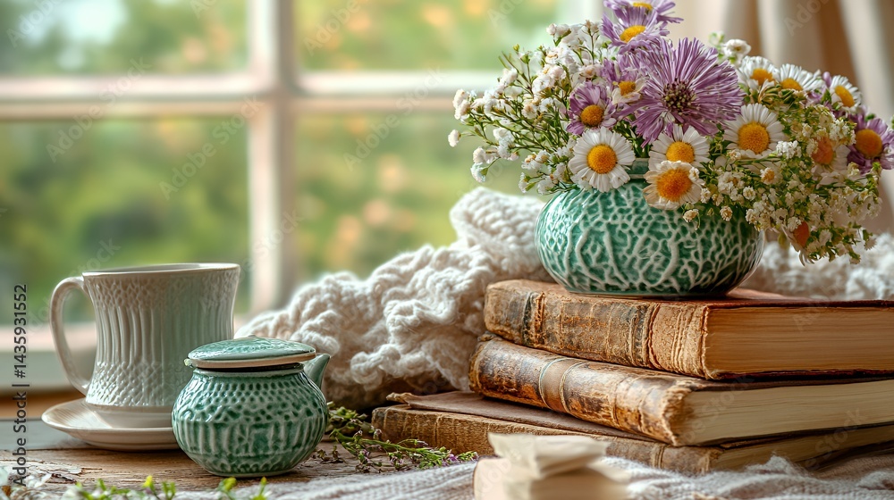 A cozy arrangement of flowers, books, and a cup by a sunlit window.