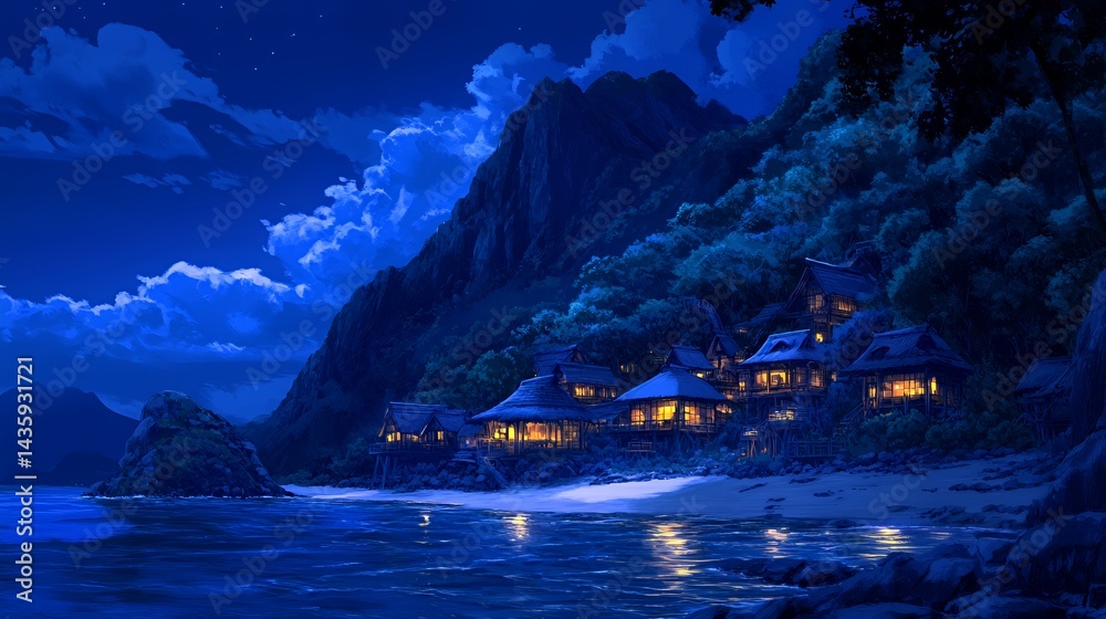 A serene night scene of a coastal village illuminated by warm lights.