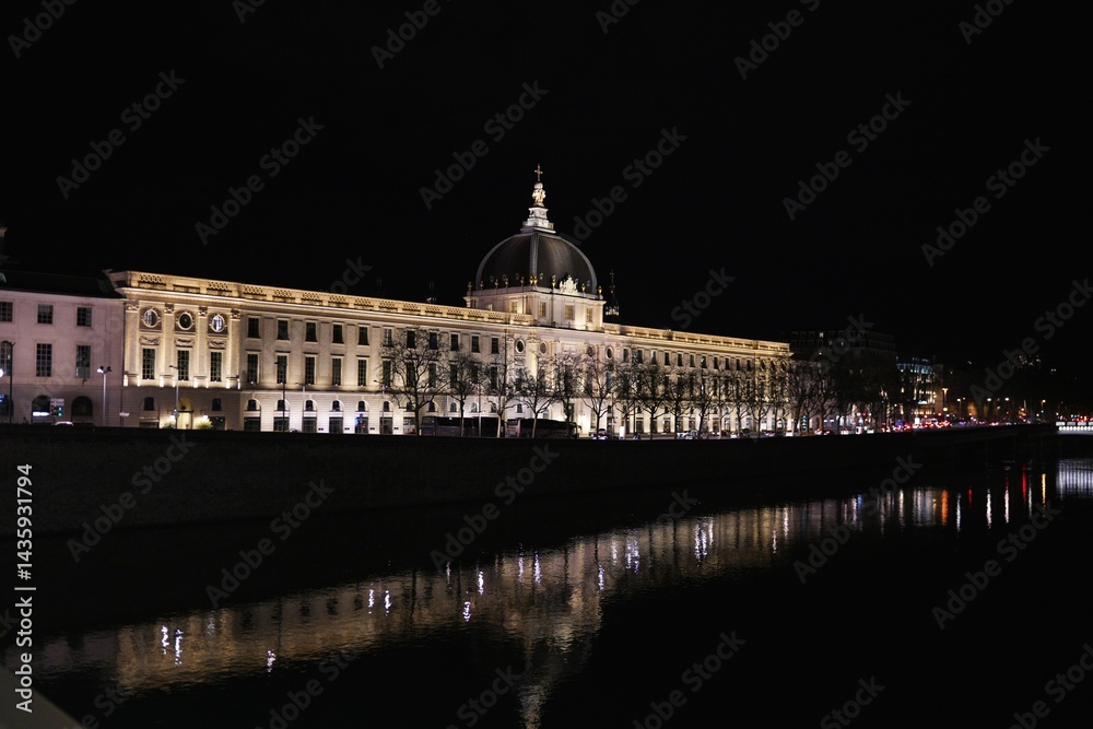 Fototapeta premium Building in Lyon France illuminated at night with reflections on Rhone River