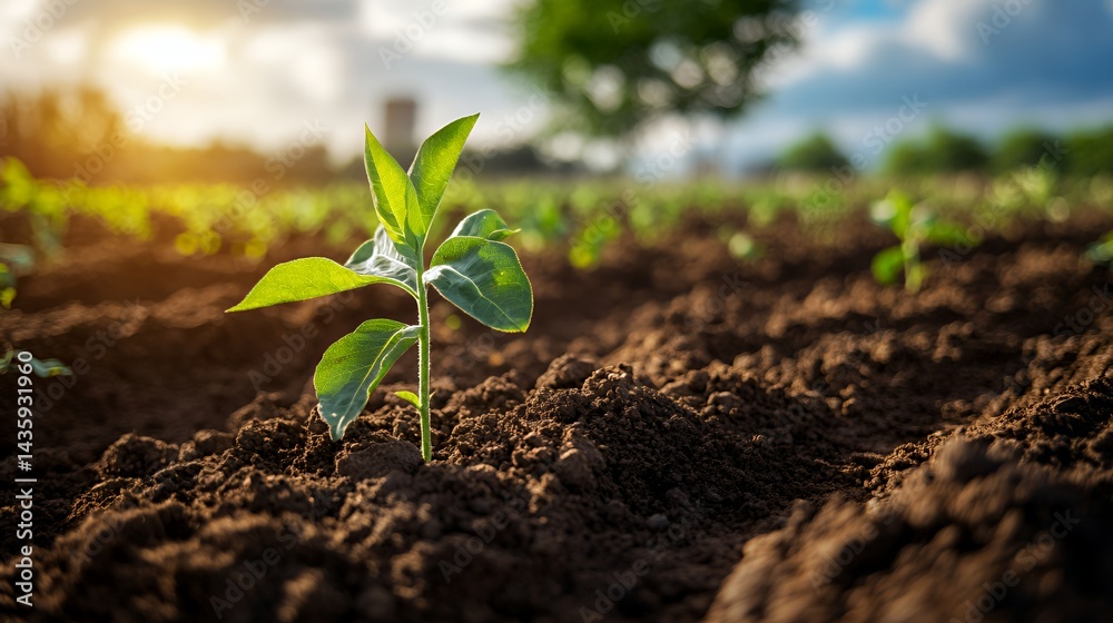 A young green plant grows in rich soil under a bright sky.