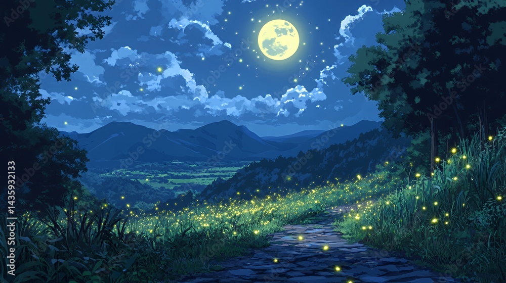 A serene night scene with fireflies illuminating a cobblestone path under a bright moon.