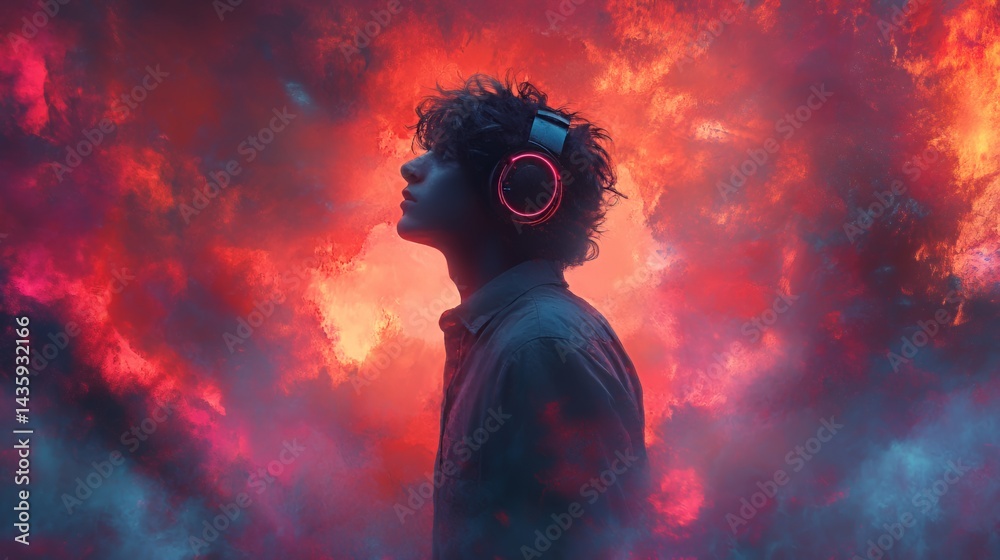 Young male with curly hair in headphones, immersed in a vibrant, colorful soundscape.