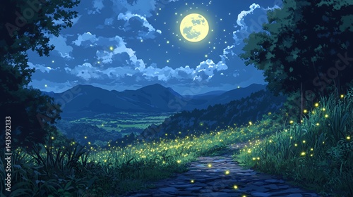 A serene night scene with fireflies illuminating a cobblestone path under a bright moon.