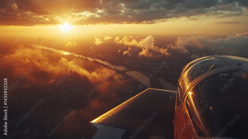 Stunning sunset view from an airplane, showcasing clouds and a winding river below.