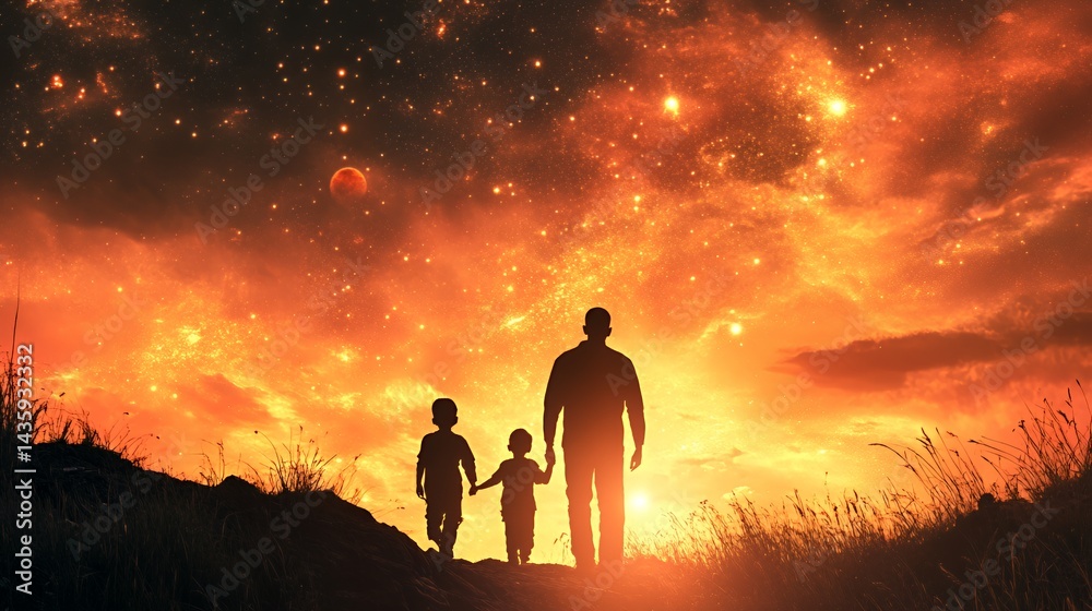 A silhouette of a father and two children against a cosmic sunset.