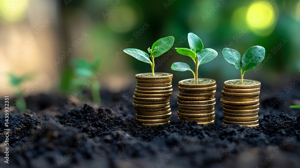 Three stacks of coins with green seedlings symbolizing financial growth and sustainability.