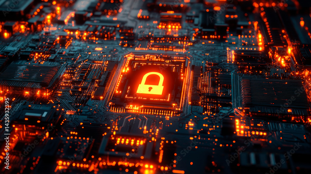 Fototapeta premium Digital data security related futuristic technological background with a padlock icon on computer circuit board.