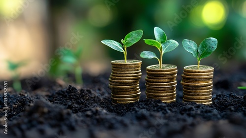 Obraz na płótnie Three stacks of coins with green seedlings symbolizing financial growth and sustainability. w salonie
