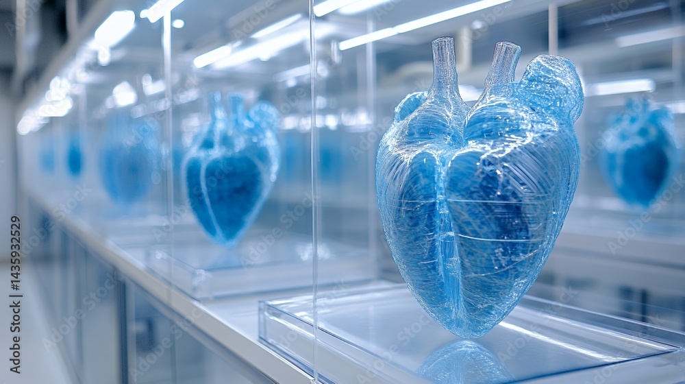 Sleek glass heart models displayed in a modern laboratory setting.