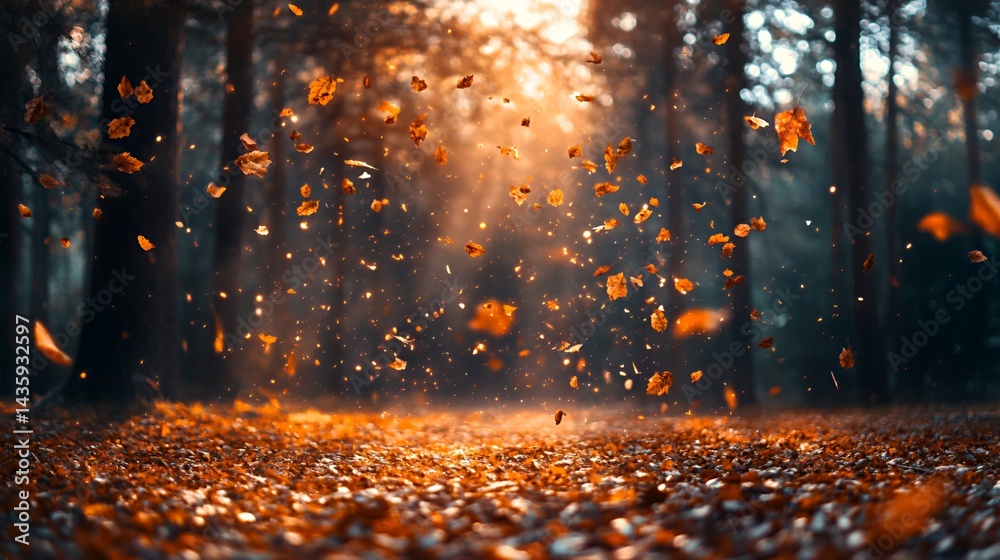 Autumn leaves cascade through a tranquil forest at sunset.