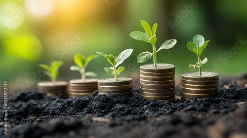 Green shoots growing on stacks of coins, symbolizing financial growth and sustainability.