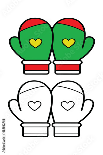 Christmas mittens coloring book with coloring example for kids.