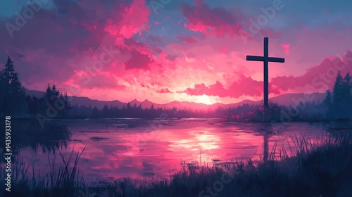 Serene sunset reflecting on a calm lake with a cross silhouette in the foreground.
