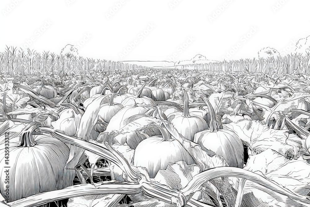Pumpkin Patch Illustration with Cornfield in Background Landscape