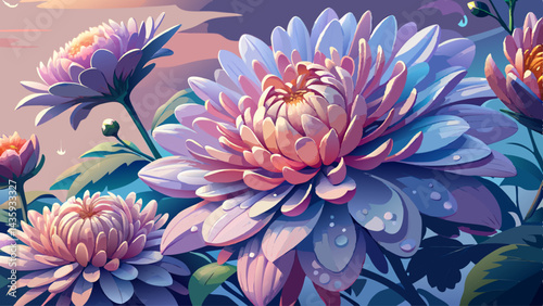 Chrysanthemum blooms drenched in morning dew, their petals glistening in the soft light of dawn