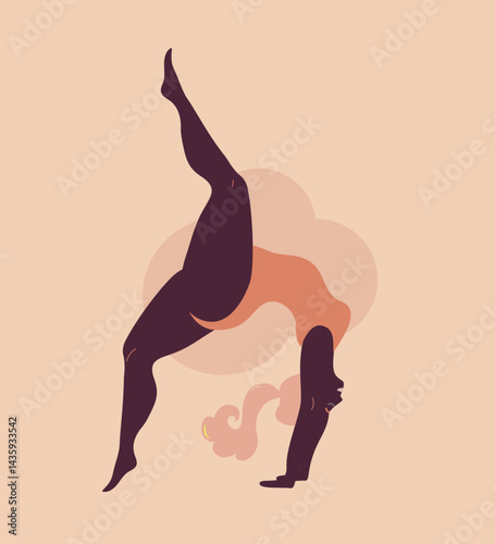 Plus size black curvy lady doing yoga class. Vector illustration isolated on white. Online home workout. Body positive. Attractive African overweight woman.