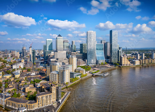 Panoramic aerial view of district Canary Wharf and the Docklands in London, England, during a sunny day