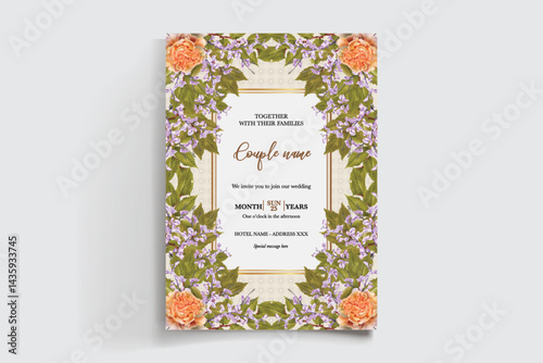 WEDDING INVITATION FRAME WITH FLOWER DECORATIONS AND FRESH LEAVES