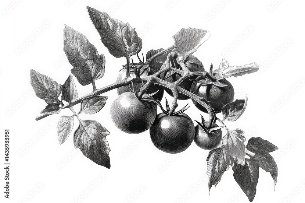 Realistic Pencil Drawing of Tomato Plant with Ripe Tomatoes