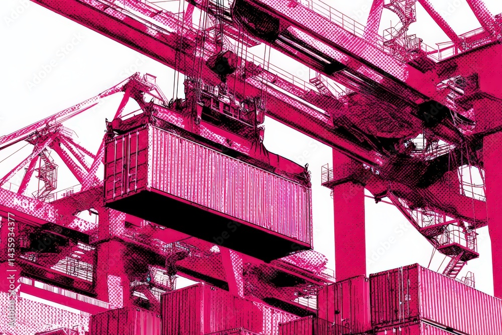 Red Industrial Crane Lifting Shipping Container in Urban Setting