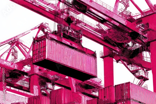 Red Industrial Crane Lifting Shipping Container in Urban Setting