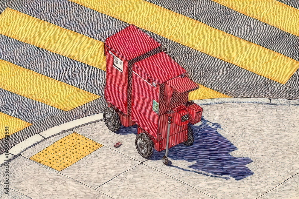 Red Recycling Bin on Sidewalk Near Crosswalk with Yellow Stripes