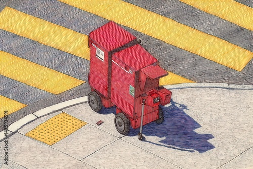 Obraz na płótnie Red Recycling Bin on Sidewalk Near Crosswalk with Yellow Stripes w salonie