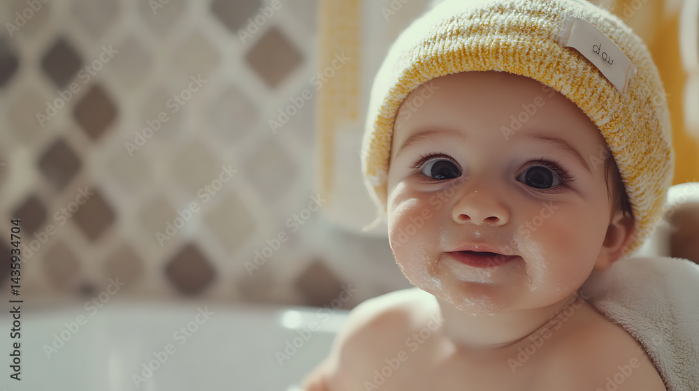 Baby Wearing a Yellow Knit Hat Baby Wearing a Yellow Knit Hat