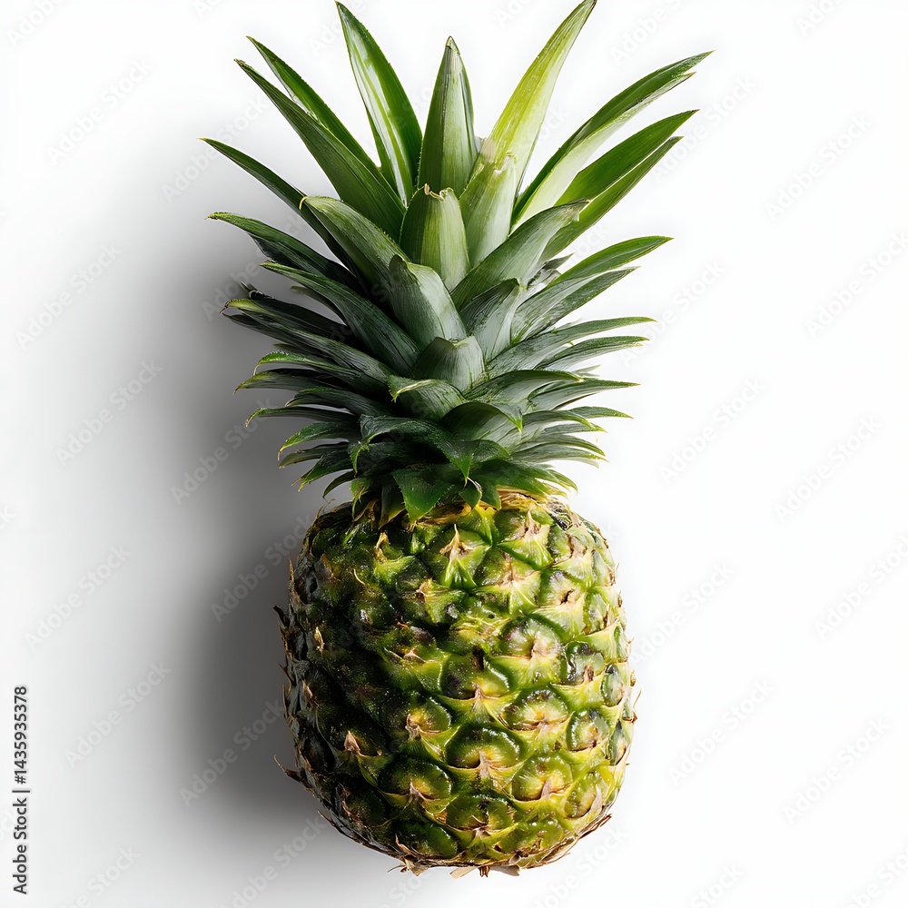 A whole pineapple with its iconic spiky leaves, perfect for tropical and food-related visuals, set against a clean white background for clarity A whole pineapple with its iconic spiky leaves, perfect for tropical and food-related visuals, set against a clean white background for clarity