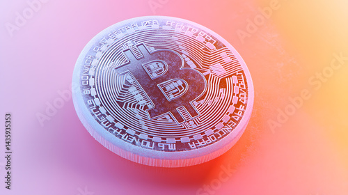 Floating bitcoin coin visualization digital realm graphic art abstract environment angled view cryptocurrency concept