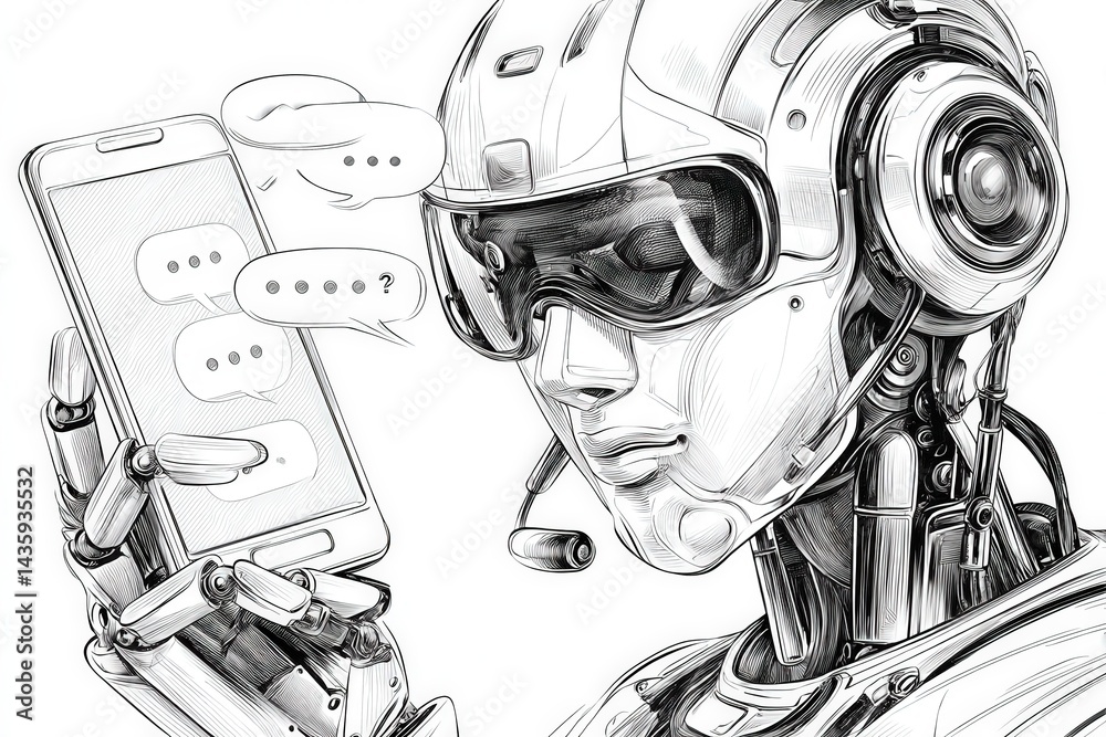 Robot Holding Smartphone with Chat Bubbles in Futuristic Design