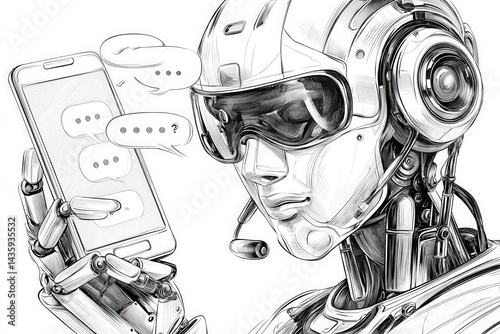 Obraz na płótnie Robot Holding Smartphone with Chat Bubbles in Futuristic Design w salonie