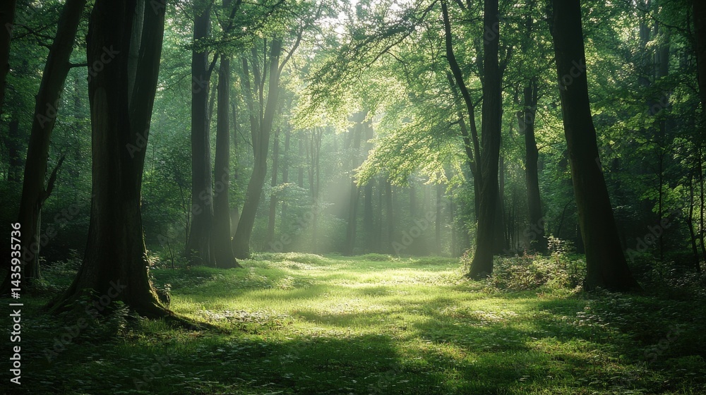 Fototapeta premium A lush green forest background with tall trees, soft sunlight filtering through the leaves, and a serene mist covering the ground