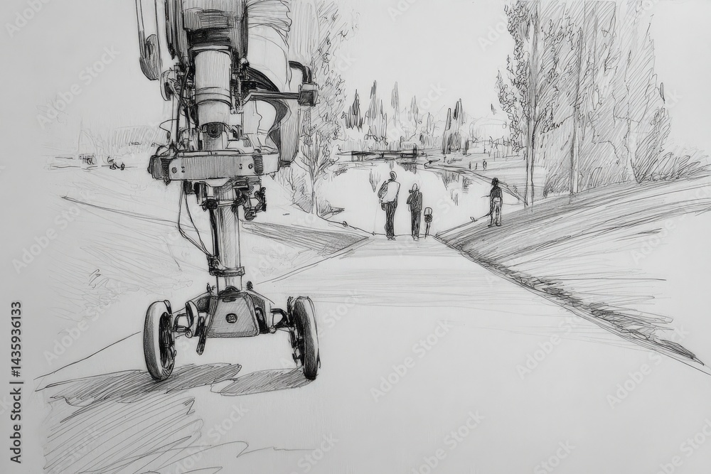 Robot Walking in Park Pathway Near Families and Scenic Lake View