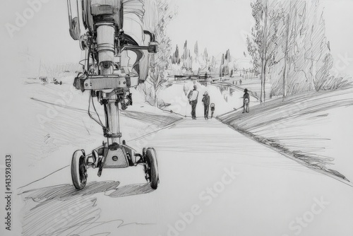 Obraz na płótnie Robot Walking in Park Pathway Near Families and Scenic Lake View w salonie