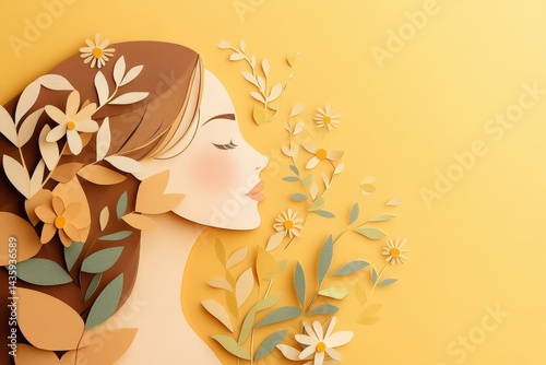 Elegant profile view of a woman adorned with paper flowers and leaves.
