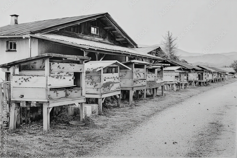 Row of Wooden Beehives in a Landscape with Mountains and Barn