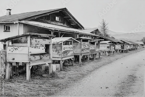 Obraz na płótnie Row of Wooden Beehives in a Landscape with Mountains and Barn w salonie