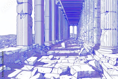 Obraz na płótnie Ruins of Ancient Columns with Crumbling Stone Pathway Illustration w salonie