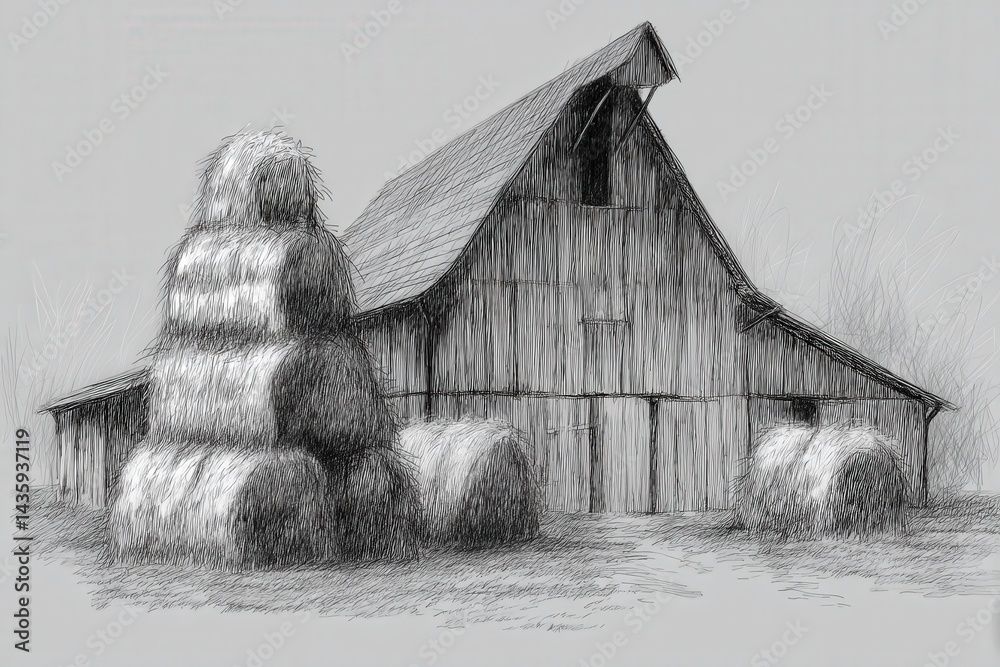 Rustic Barn Surrounded by Hay Bales and Farm Landscape Sketch Art