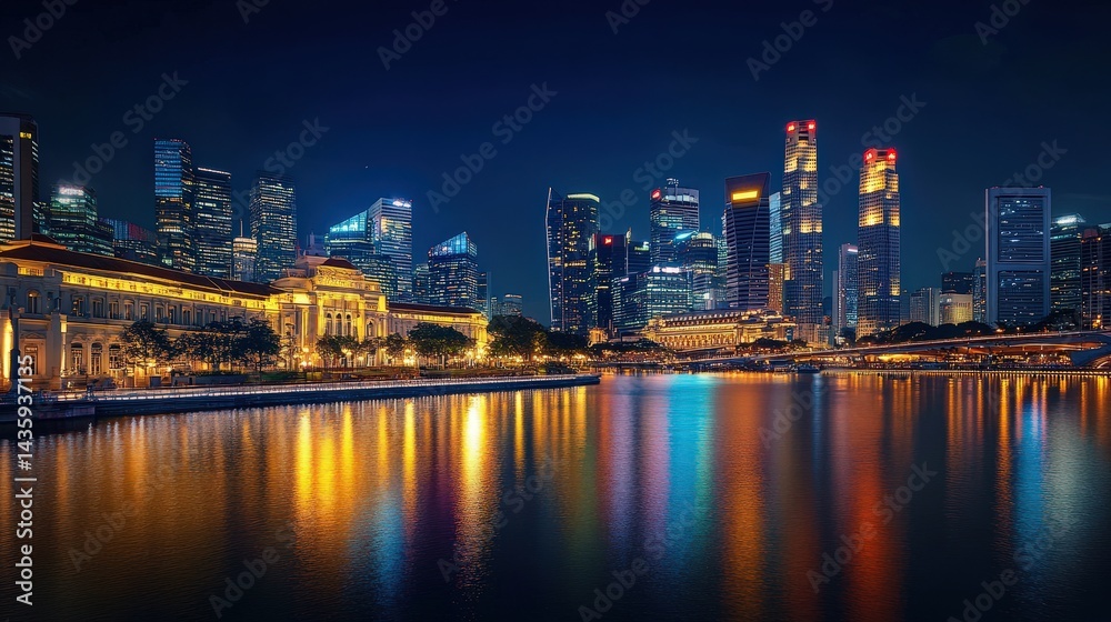 A luxurious city skyline at night, with golden lights from elegant buildings reflecting on a calm river A luxurious city skyline at night, with golden lights from elegant buildings reflecting on a calm river