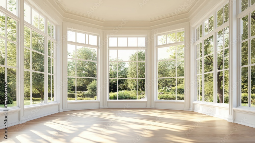 Empty living room with large windows, sunlight pouring in, representing a brand new home Empty living room with large windows, sunlight pouring in, representing a brand new home