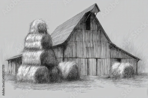 Obraz na płótnie Rustic Barn Surrounded by Hay Bales and Farm Landscape Sketch Art w salonie