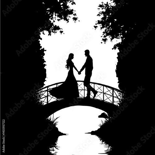 Romantic couple walking hand-in-hand over a small arched bridge.