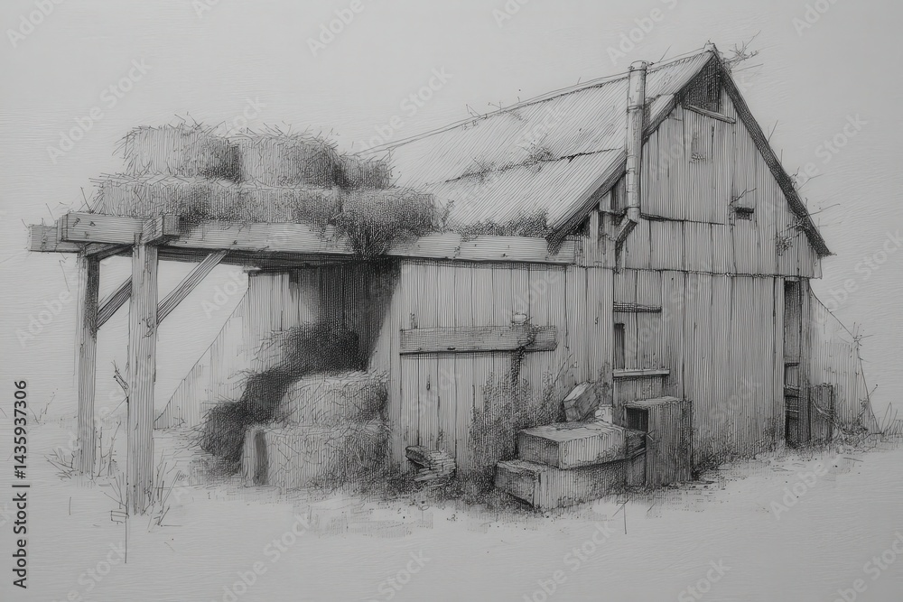 Rustic barn with hay bales and wooden structure in countryside scene
