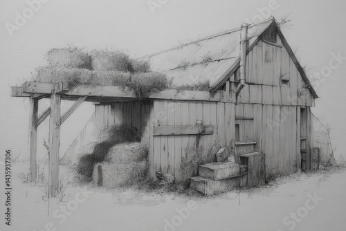 Rustic barn with hay bales and wooden structure in countryside scene