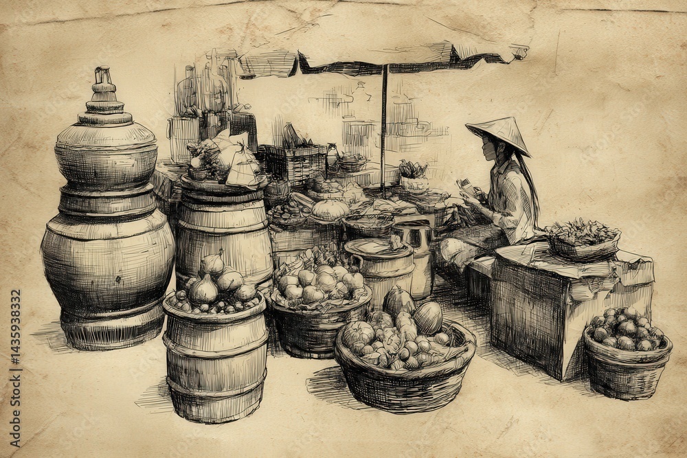 Rustic Market Scene Depicting Fruits and Artisan Goods in Baskets