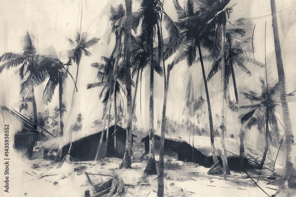 Rustic Tropical Scene with Palm Trees and Abandoned Structure